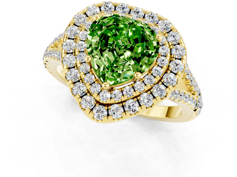 Yellow gold Heart Cut Peridot Double Halo Ring with Pavé Band and Prong Setting_13