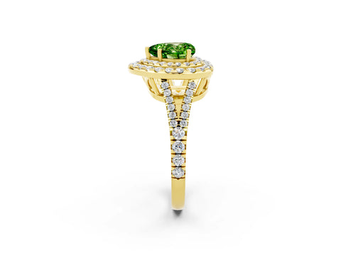 Yellow gold Heart Cut Peridot Double Halo Ring with Pavé Band and Prong Setting_14