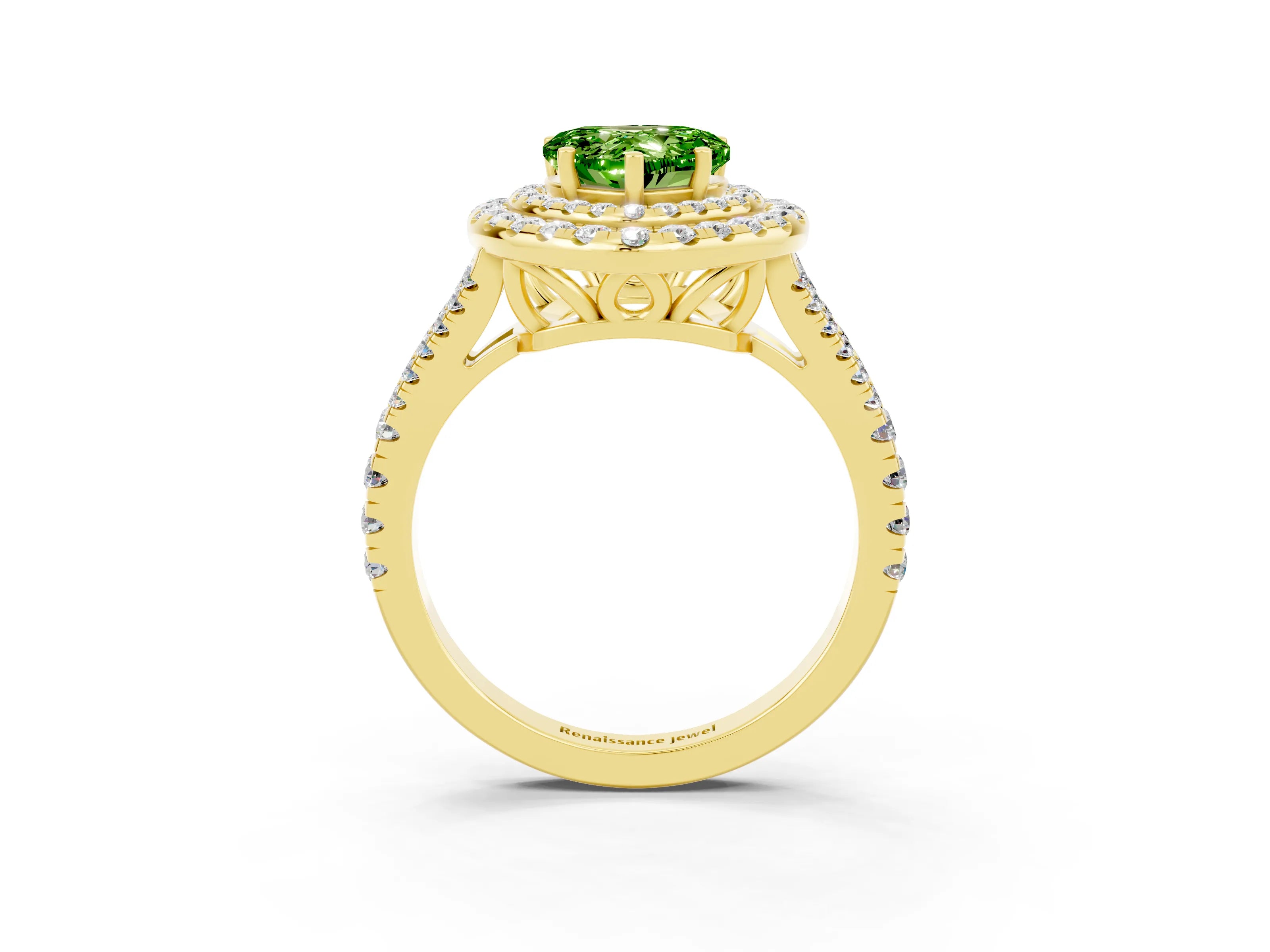 Yellow gold Heart Cut Peridot Double Halo Ring with Pavé Band and Prong Setting_15