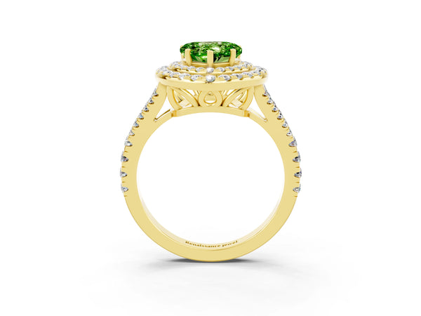 Yellow gold Heart Cut Peridot Double Halo Ring with Pavé Band and Prong Setting