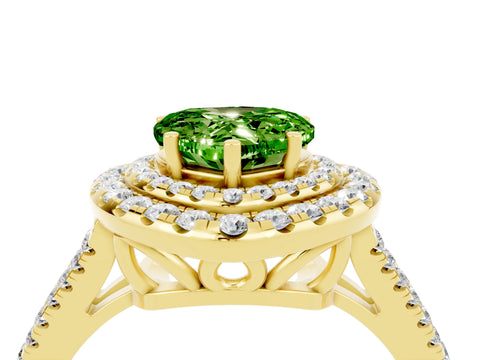Yellow gold Heart Cut Peridot Double Halo Ring with Pavé Band and Prong Setting_16