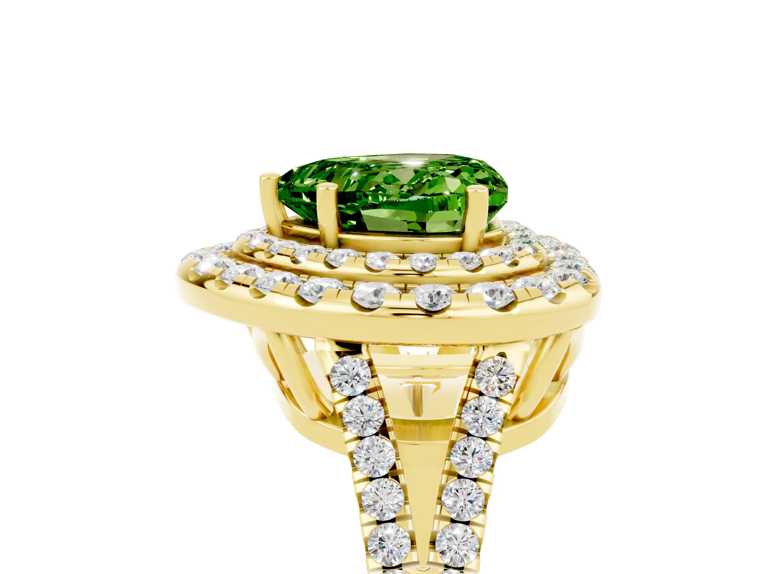 Yellow gold Heart Cut Peridot Double Halo Ring with Pavé Band and Prong Setting_17