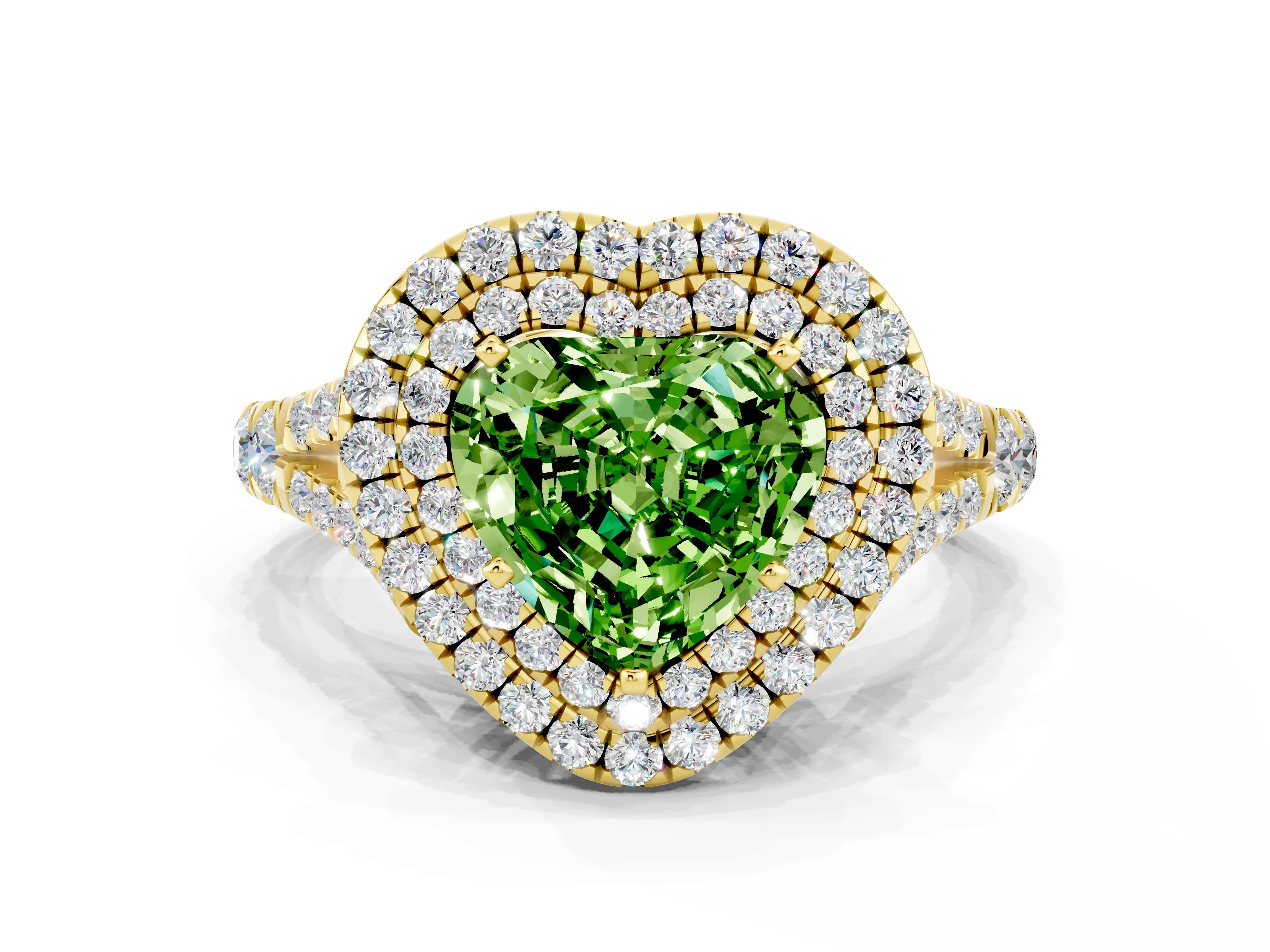 Yellow gold Heart Cut Peridot Double Halo Ring with Split Shank and Prong Setting_12
