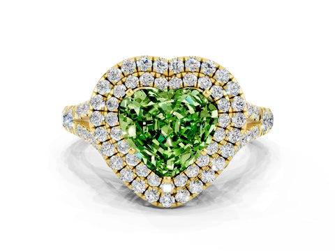 Yellow gold Heart Cut Peridot Double Halo Ring with Split Shank and Prong Setting_12