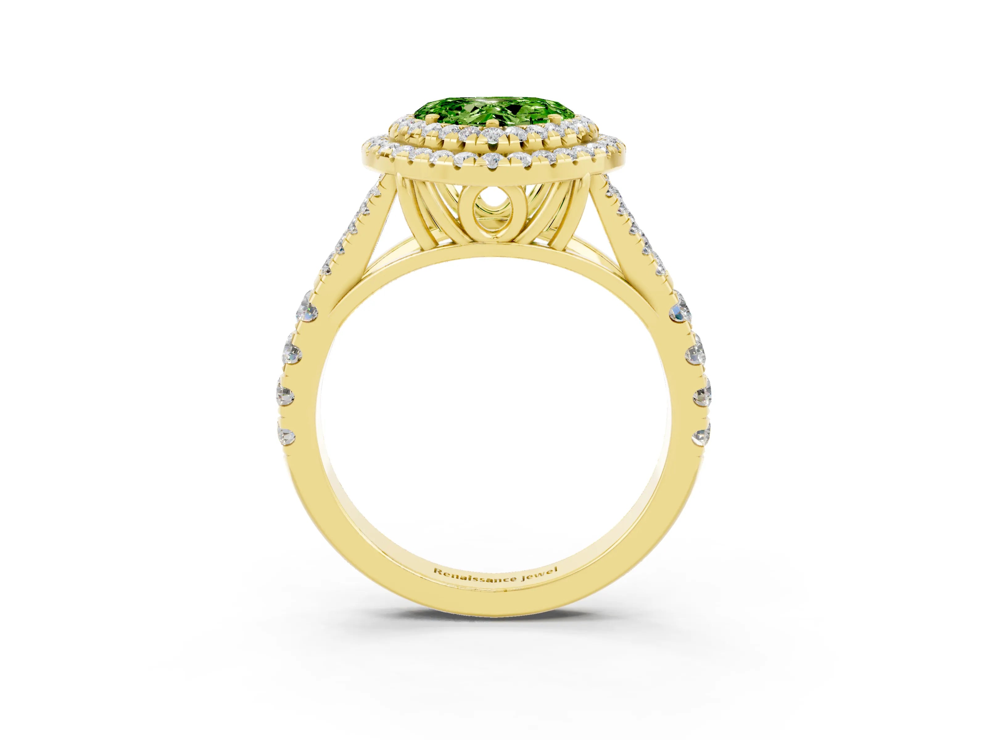 Yellow gold Heart Cut Peridot Double Halo Ring with Split Shank and Prong Setting_15