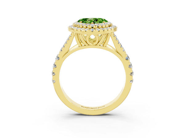 Yellow gold Heart Cut Peridot Double Halo Ring with Split Shank and Prong Setting