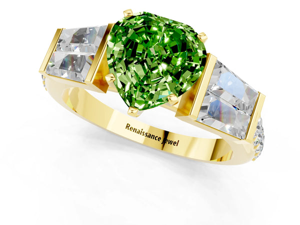Yellow gold Heart Cut Peridot Engagement Ring with Baguette Side Stones and Channel Set Band