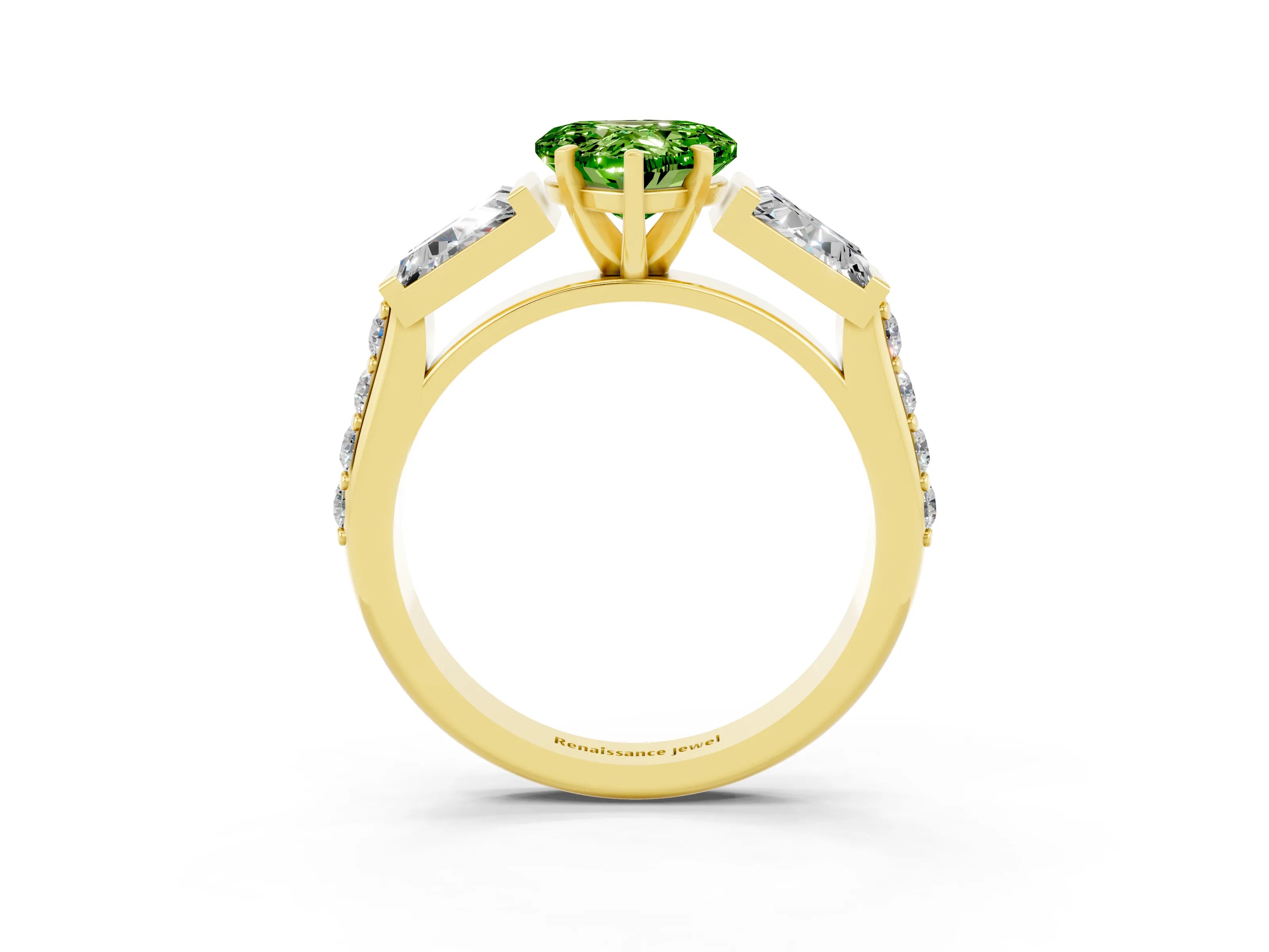Yellow gold Heart Cut Peridot Engagement Ring with Baguette Side Stones and Channel Set Band_3