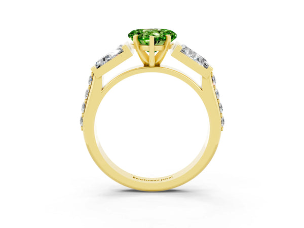 Yellow gold Heart Cut Peridot Engagement Ring with Baguette Side Stones and Channel Set Band