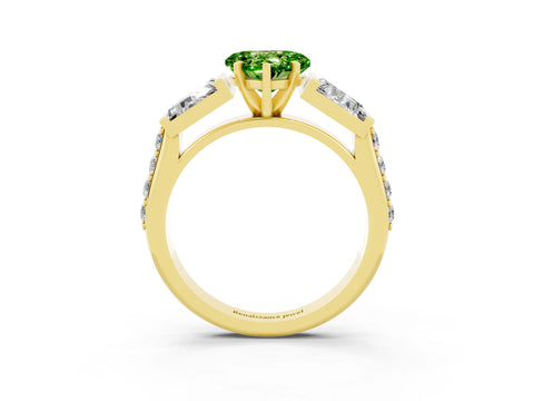 Yellow gold Heart Cut Peridot Engagement Ring with Baguette Side Stones and Channel Set Band_3