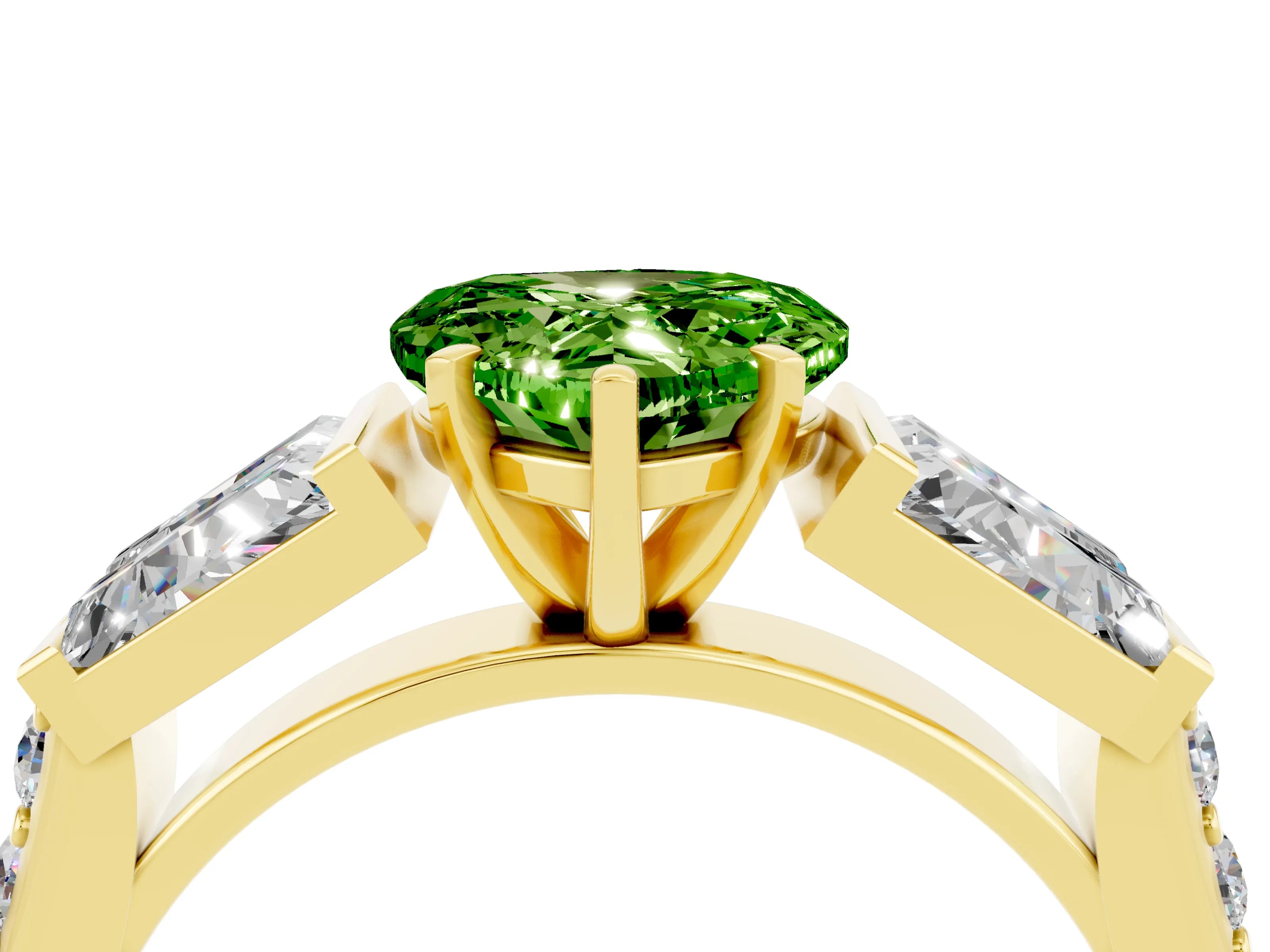 Yellow gold Heart Cut Peridot Engagement Ring with Baguette Side Stones and Channel Set Band_4