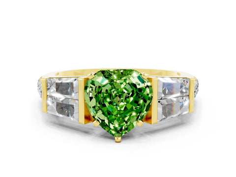 Yellow gold Heart Cut Peridot Engagement Ring with Baguette Side Stones and Channel Set Band