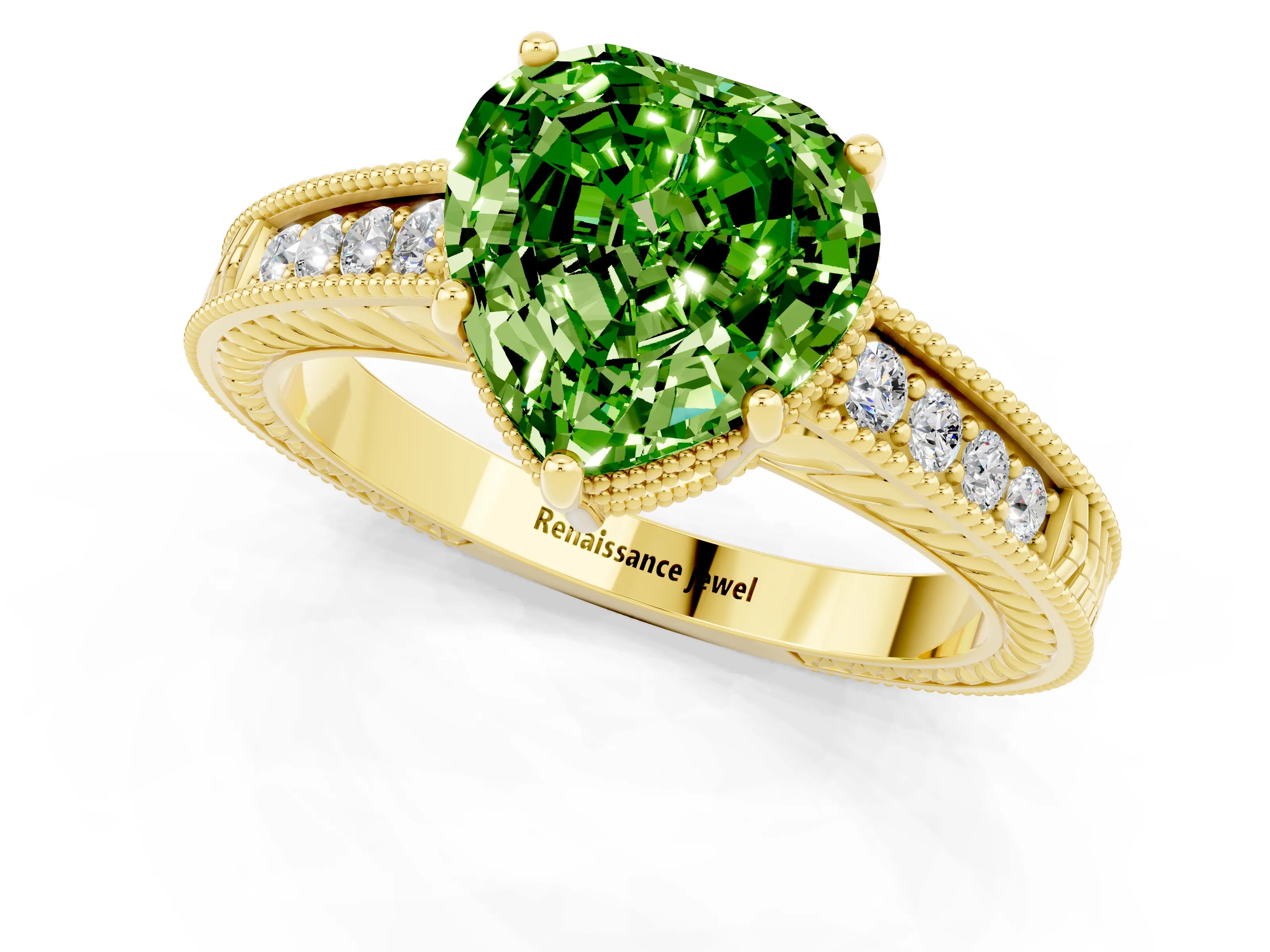 Yellow gold Heart Cut Peridot Engagement Ring with Milgrain Channel Set Band and Prong Setting_1
