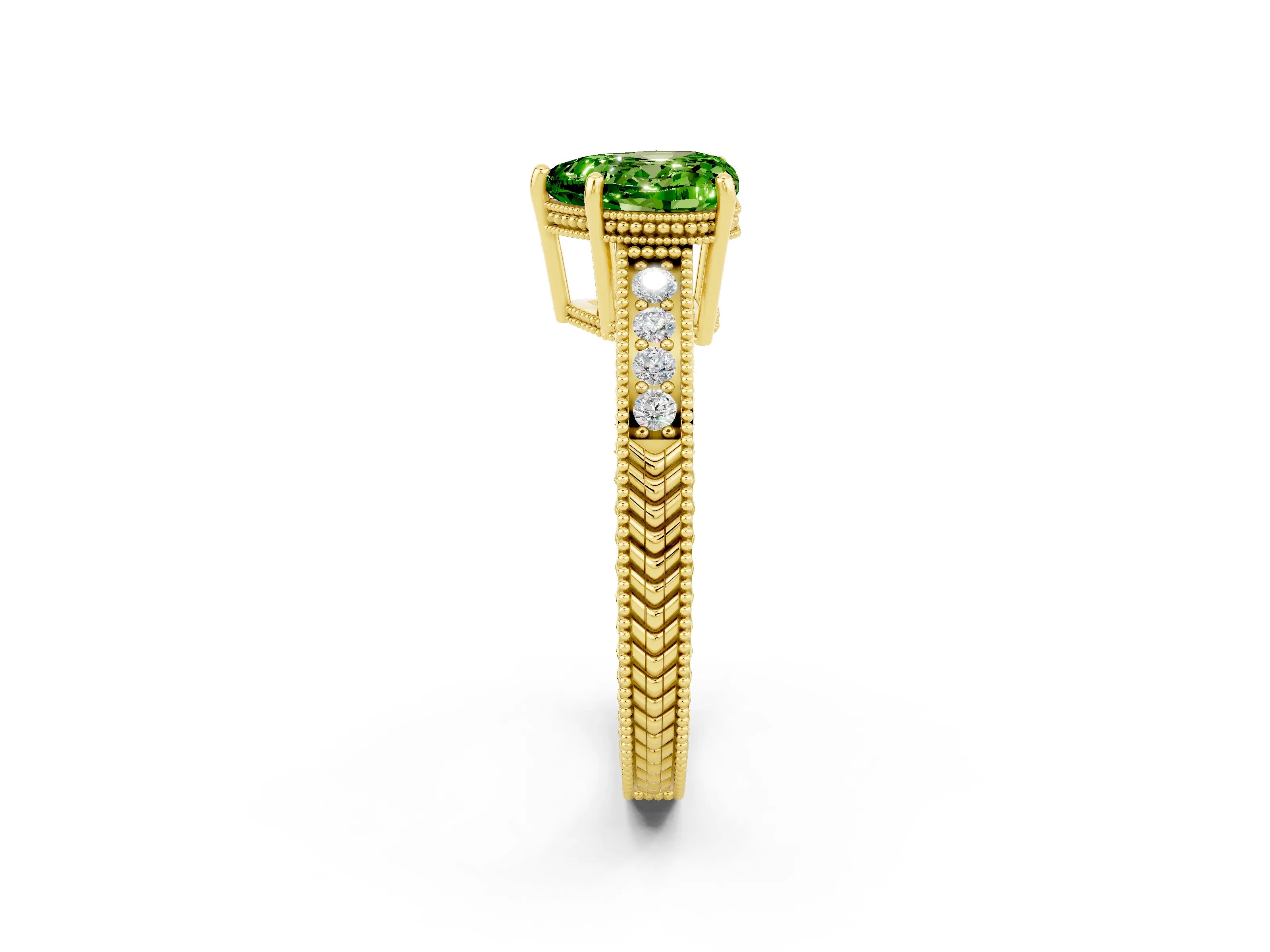 Yellow gold Heart Cut Peridot Engagement Ring with Milgrain Channel Set Band and Prong Setting_2
