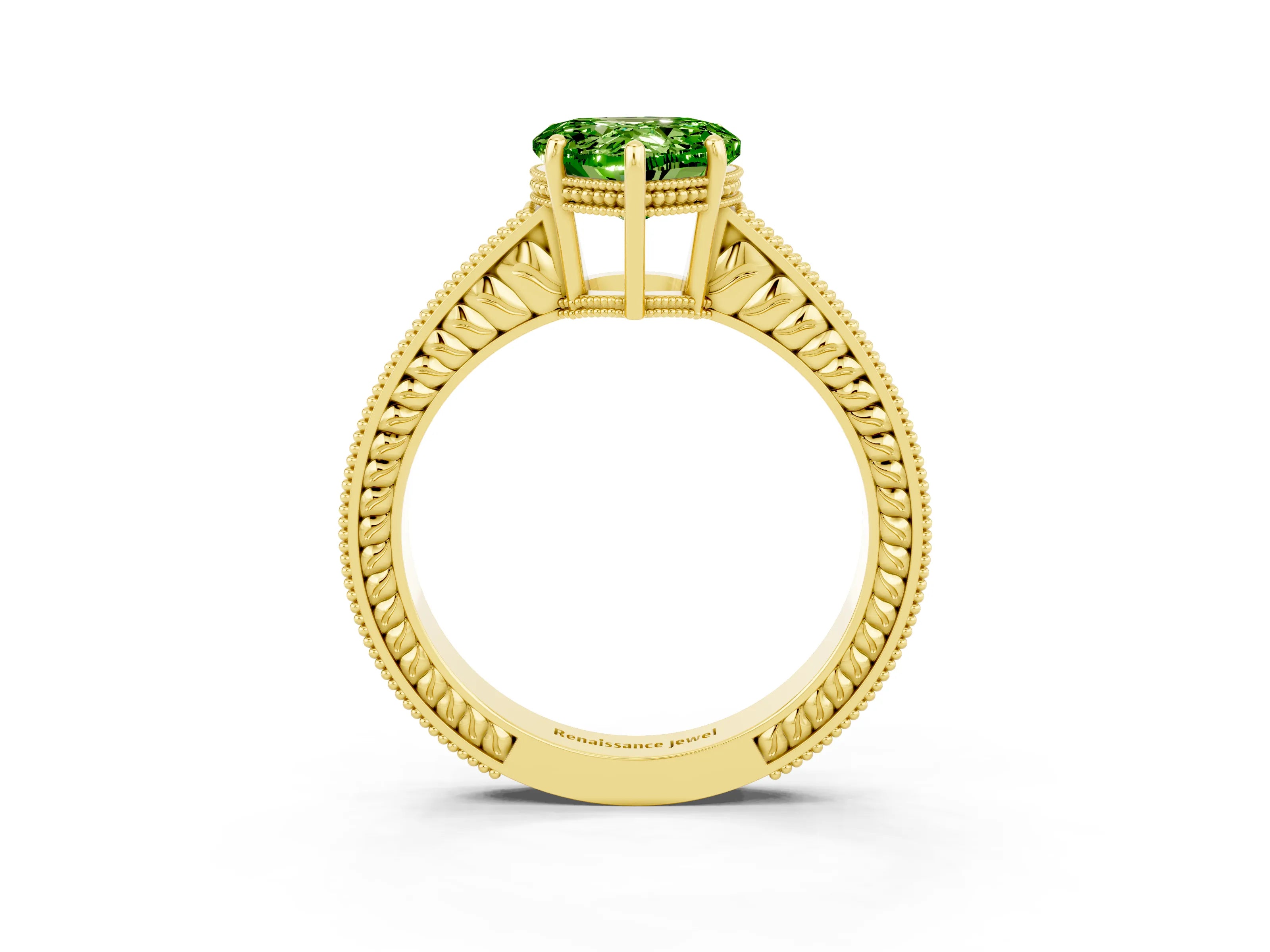Yellow gold Heart Cut Peridot Engagement Ring with Milgrain Channel Set Band and Prong Setting_3