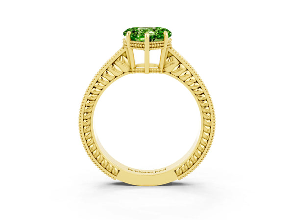 Yellow gold Heart Cut Peridot Engagement Ring with Milgrain Channel Set Band and Prong Setting
