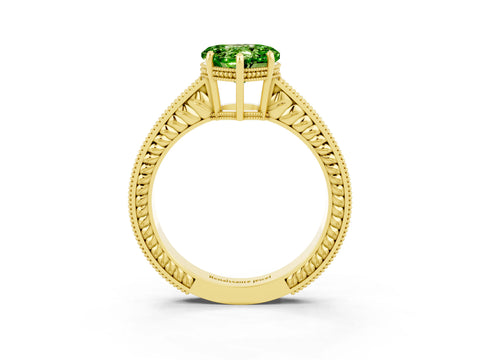 Yellow gold Heart Cut Peridot Engagement Ring with Milgrain Channel Set Band and Prong Setting_3