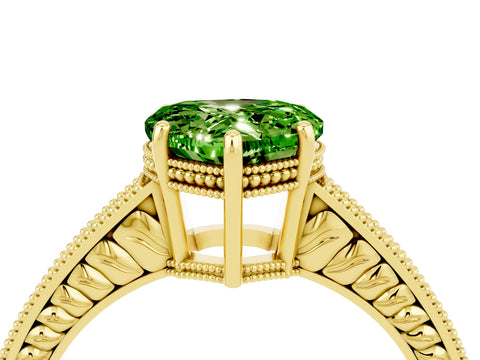 Yellow gold Heart Cut Peridot Engagement Ring with Milgrain Channel Set Band and Prong Setting_4