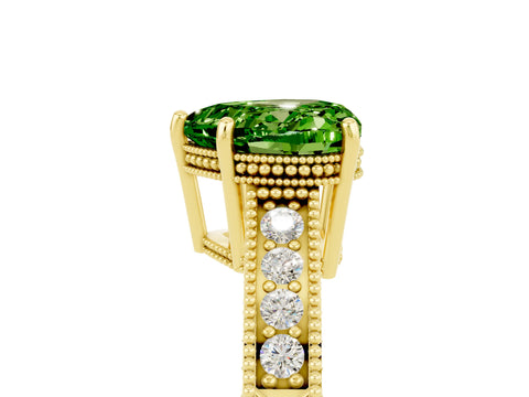 Yellow gold Heart Cut Peridot Engagement Ring with Milgrain Channel Set Band and Prong Setting_5