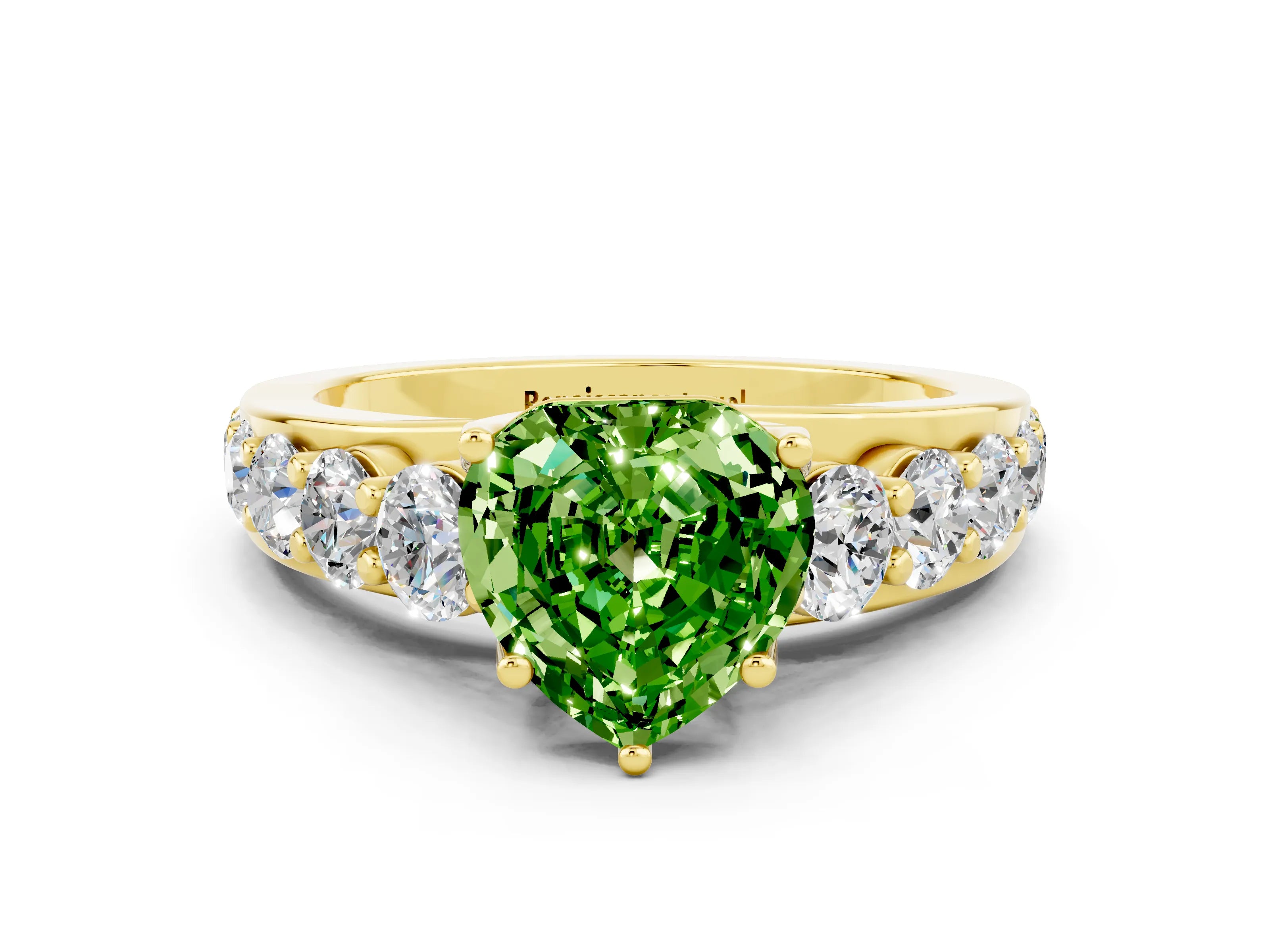 Yellow gold Heart Cut Peridot Engagement Ring with Pavé Band and Four-Prong Setting