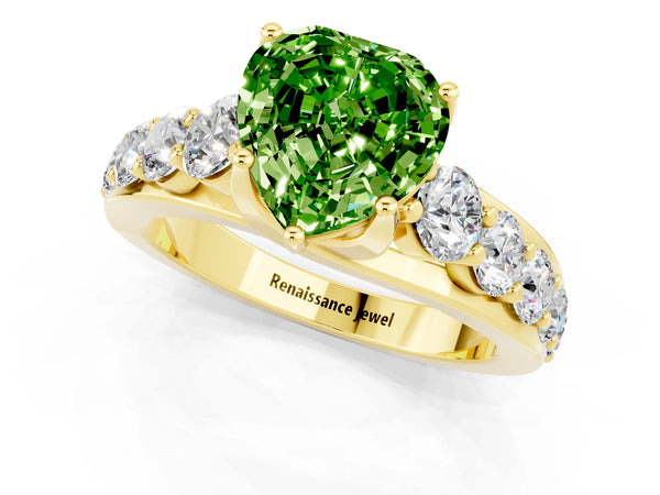 Yellow gold Heart Cut Peridot Engagement Ring with Pavé Band and Four-Prong Setting