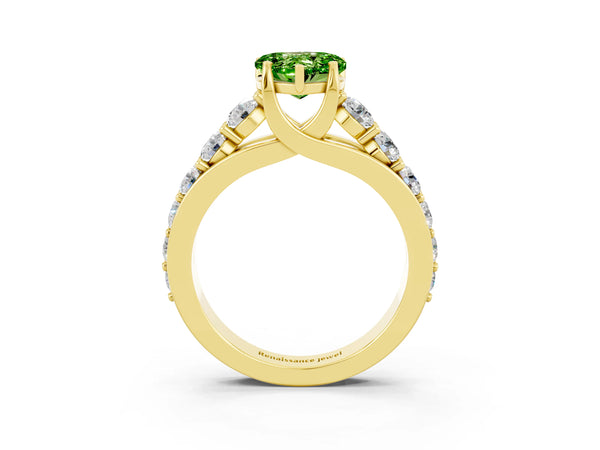 Yellow gold Heart Cut Peridot Engagement Ring with Pavé Band and Four-Prong Setting