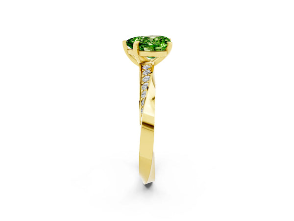 Yellow gold Heart Cut Peridot Engagement Ring with Side Stone Accents and Four-Prong Setting