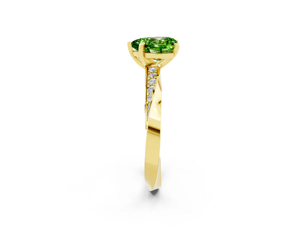 Yellow gold Heart Cut Peridot Engagement Ring with Side Stone Accents and Four-Prong Setting