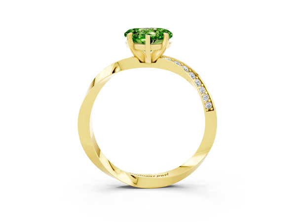 Yellow gold Heart Cut Peridot Engagement Ring with Side Stone Accents and Four-Prong Setting