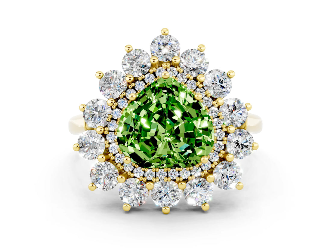 Yellow gold Heart Cut Peridot Floral Double Halo Engagement Ring with Prong Setting_48