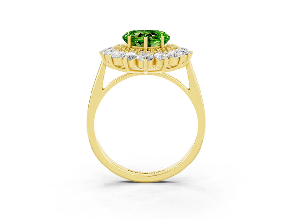 Yellow gold Heart Cut Peridot Floral Double Halo Engagement Ring with Prong Setting