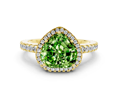 Yellow gold Heart Cut Peridot Halo Engagement Ring with Pavé Band and Prong Setting_12