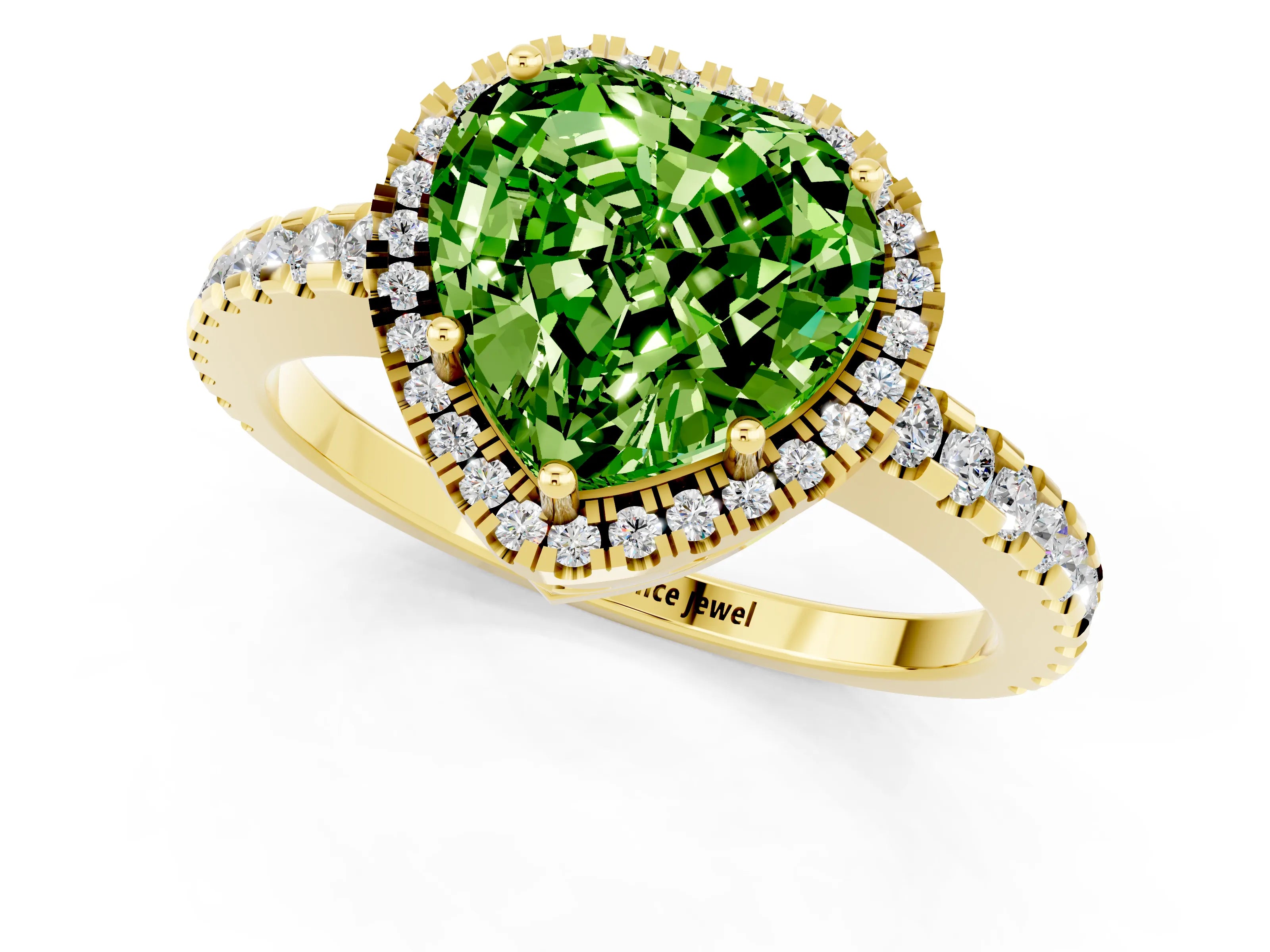 Yellow gold Heart Cut Peridot Halo Engagement Ring with Pavé Band and Prong Setting_13