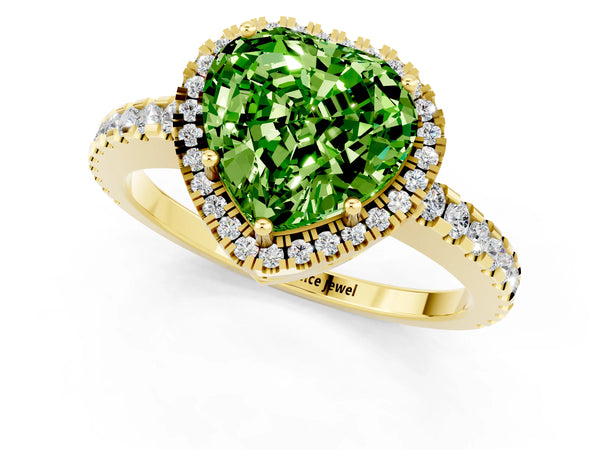 Yellow gold Heart Cut Peridot Halo Engagement Ring with Pavé Band and Prong Setting