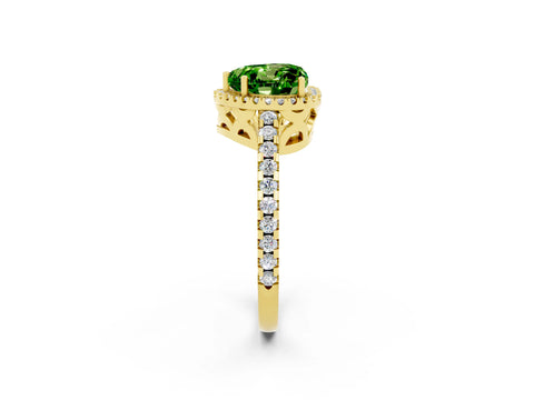 Yellow gold Heart Cut Peridot Halo Engagement Ring with Pavé Band and Prong Setting_14