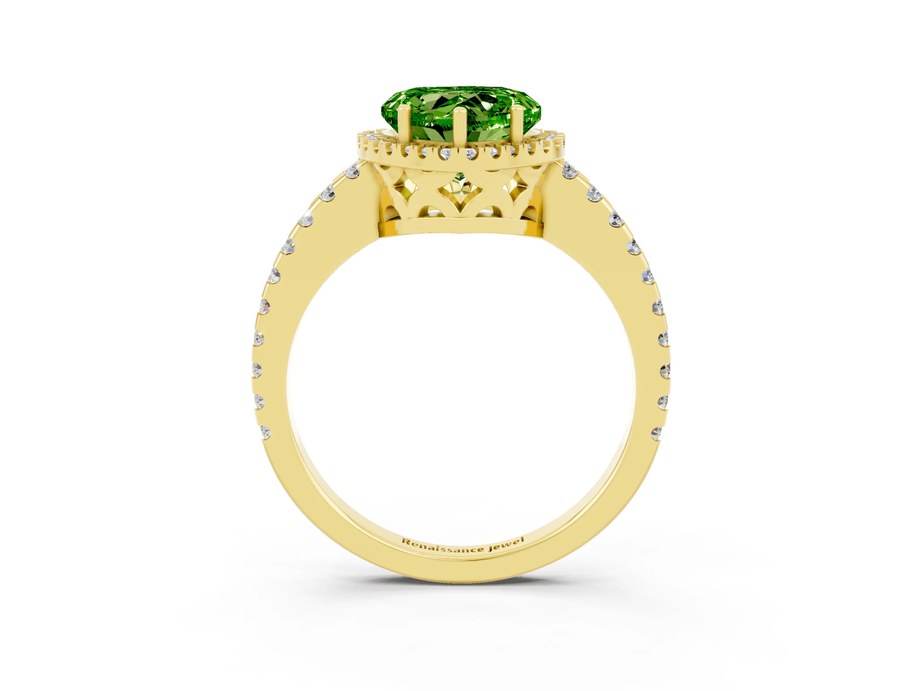 Yellow gold Heart Cut Peridot Halo Engagement Ring with Pavé Band and Prong Setting_15