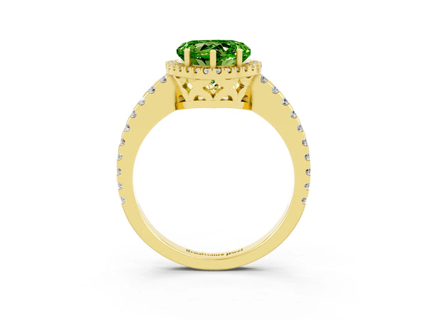 Yellow gold Heart Cut Peridot Halo Engagement Ring with Pavé Band and Prong Setting