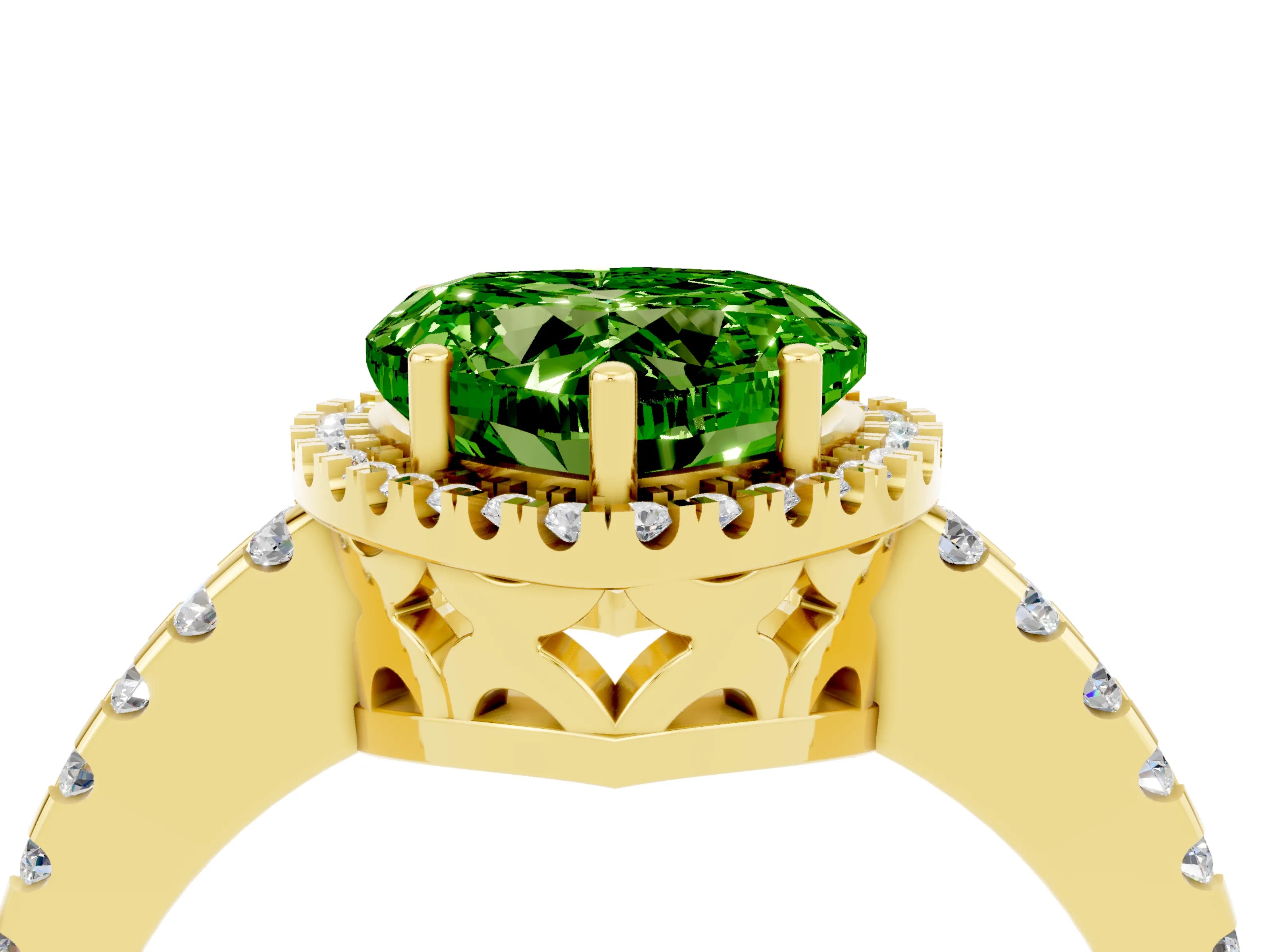 Yellow gold Heart Cut Peridot Halo Engagement Ring with Pavé Band and Prong Setting_16