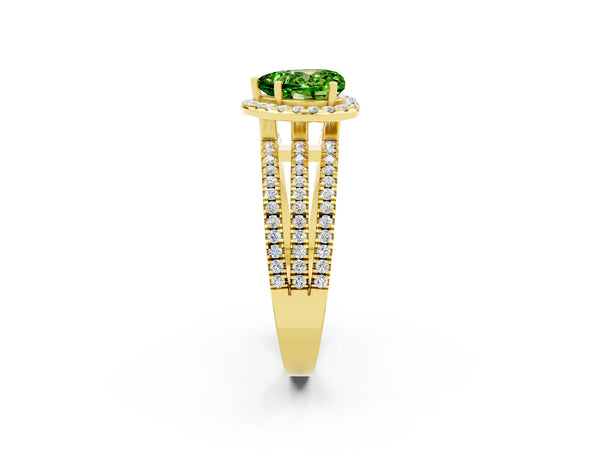 Yellow gold Heart Cut Peridot Halo Engagement Ring with Split Shank and Four-Prong Setting
