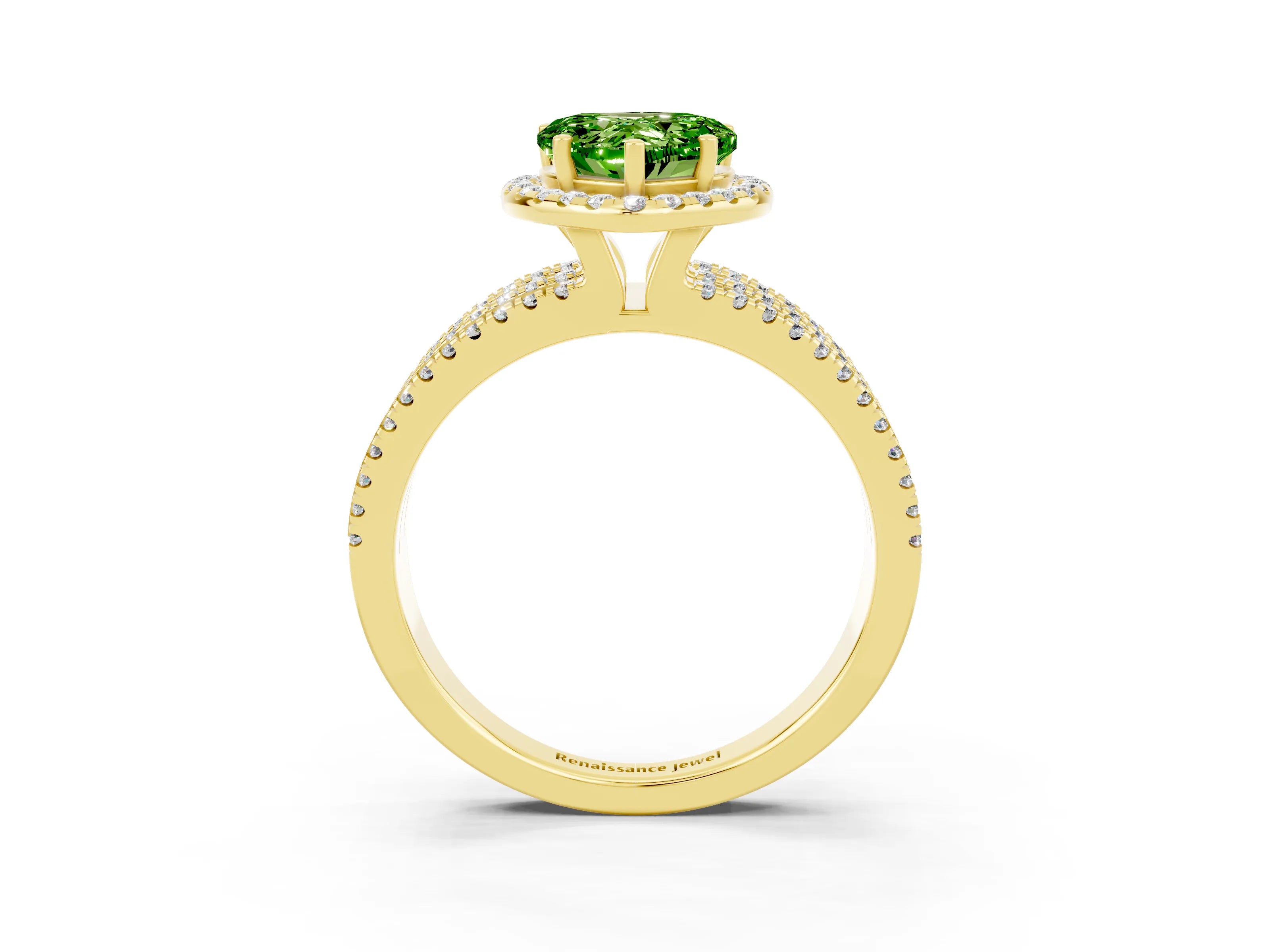 Yellow gold Heart Cut Peridot Halo Engagement Ring with Split Shank and Four-Prong Setting_3