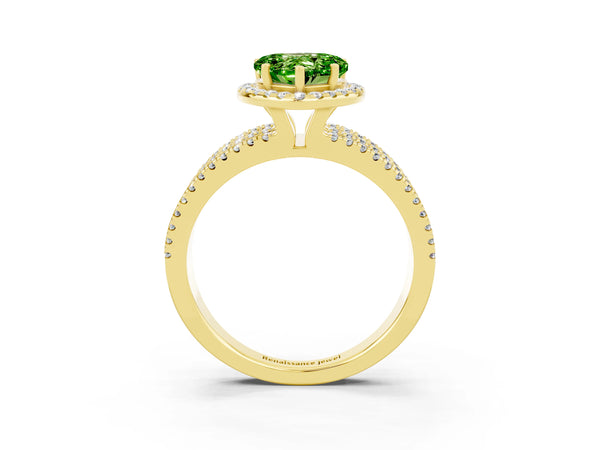 Yellow gold Heart Cut Peridot Halo Engagement Ring with Split Shank and Four-Prong Setting