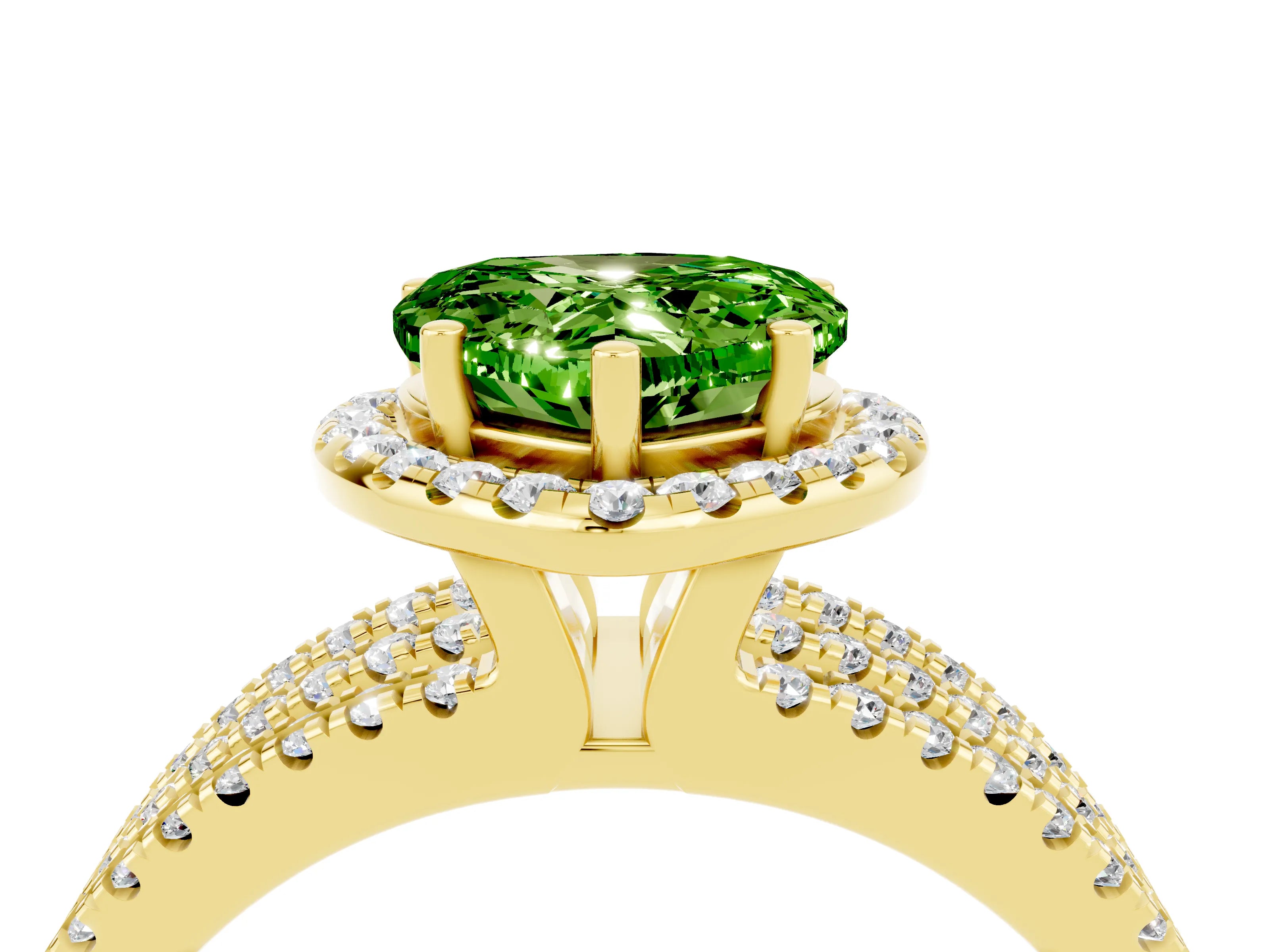 Yellow gold Heart Cut Peridot Halo Engagement Ring with Split Shank and Four-Prong Setting_4