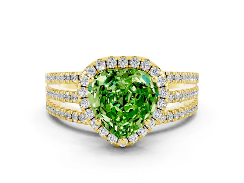 Yellow gold Heart Cut Peridot Halo Engagement Ring with Split Shank and Four-Prong Setting
