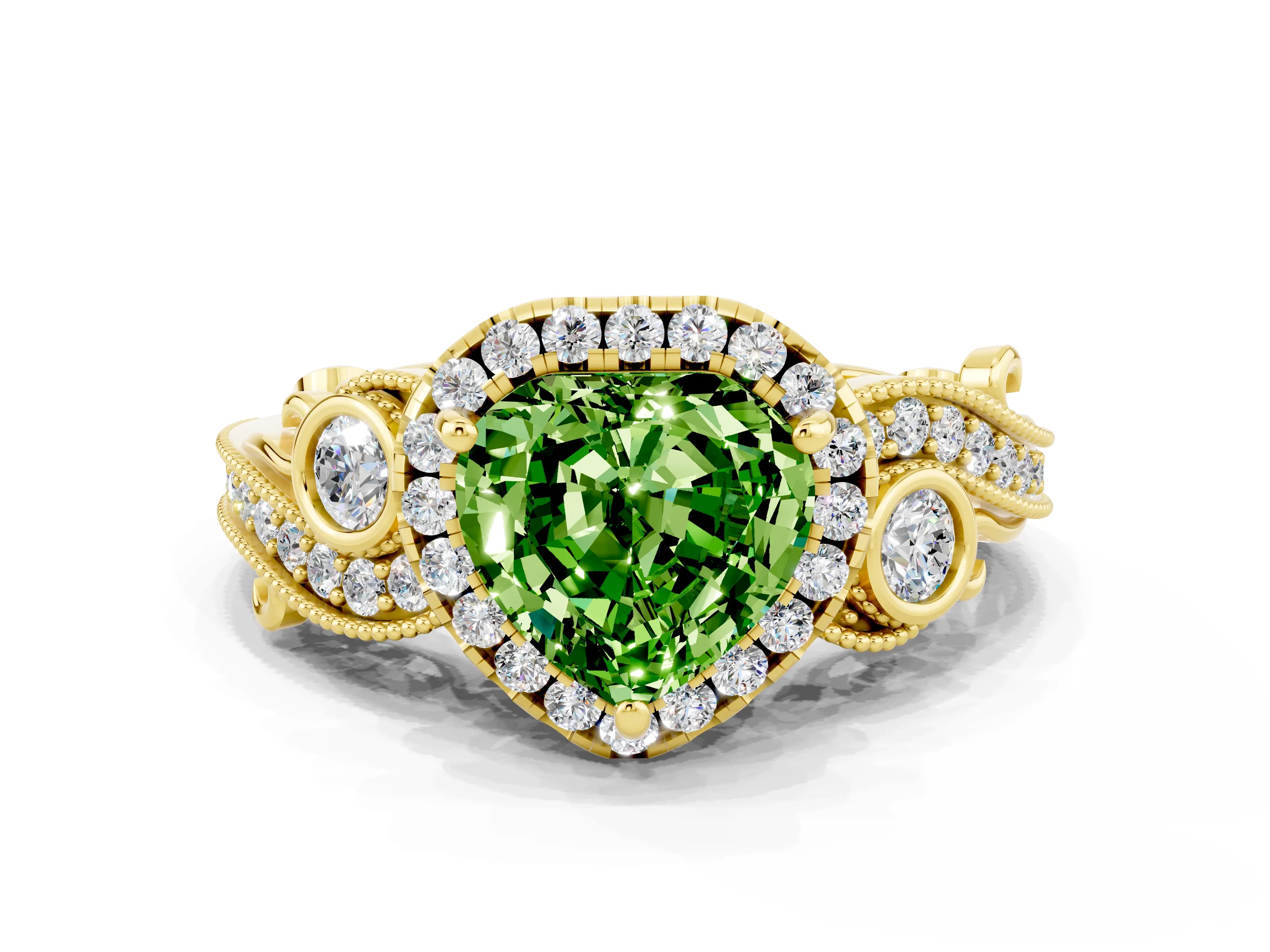 Yellow gold Heart Cut Peridot Halo Ring with Milgrain Pavé Band and Four-Prong Setting_12
