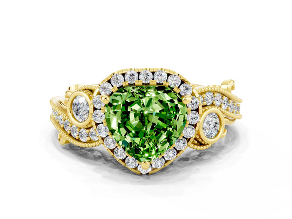 Yellow gold Heart Cut Peridot Halo Ring with Milgrain Pavé Band and Four-Prong Setting