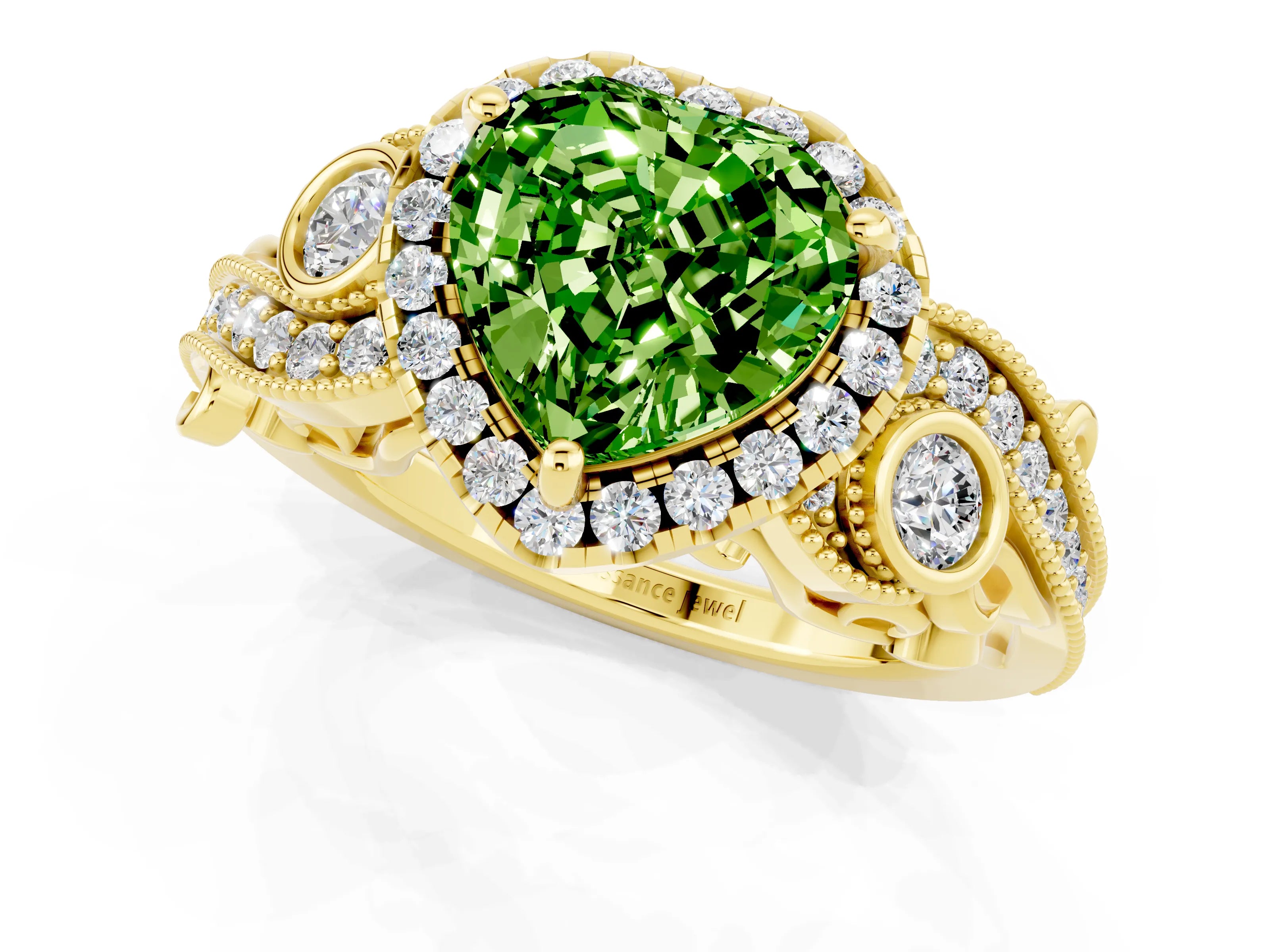 Yellow gold Heart Cut Peridot Halo Ring with Milgrain Pavé Band and Four-Prong Setting_13