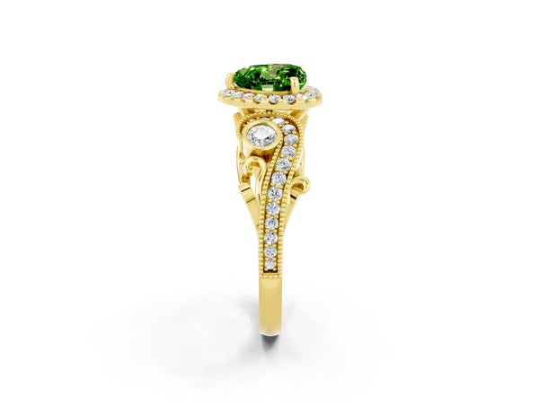 Yellow gold Heart Cut Peridot Halo Ring with Milgrain Pavé Band and Four-Prong Setting