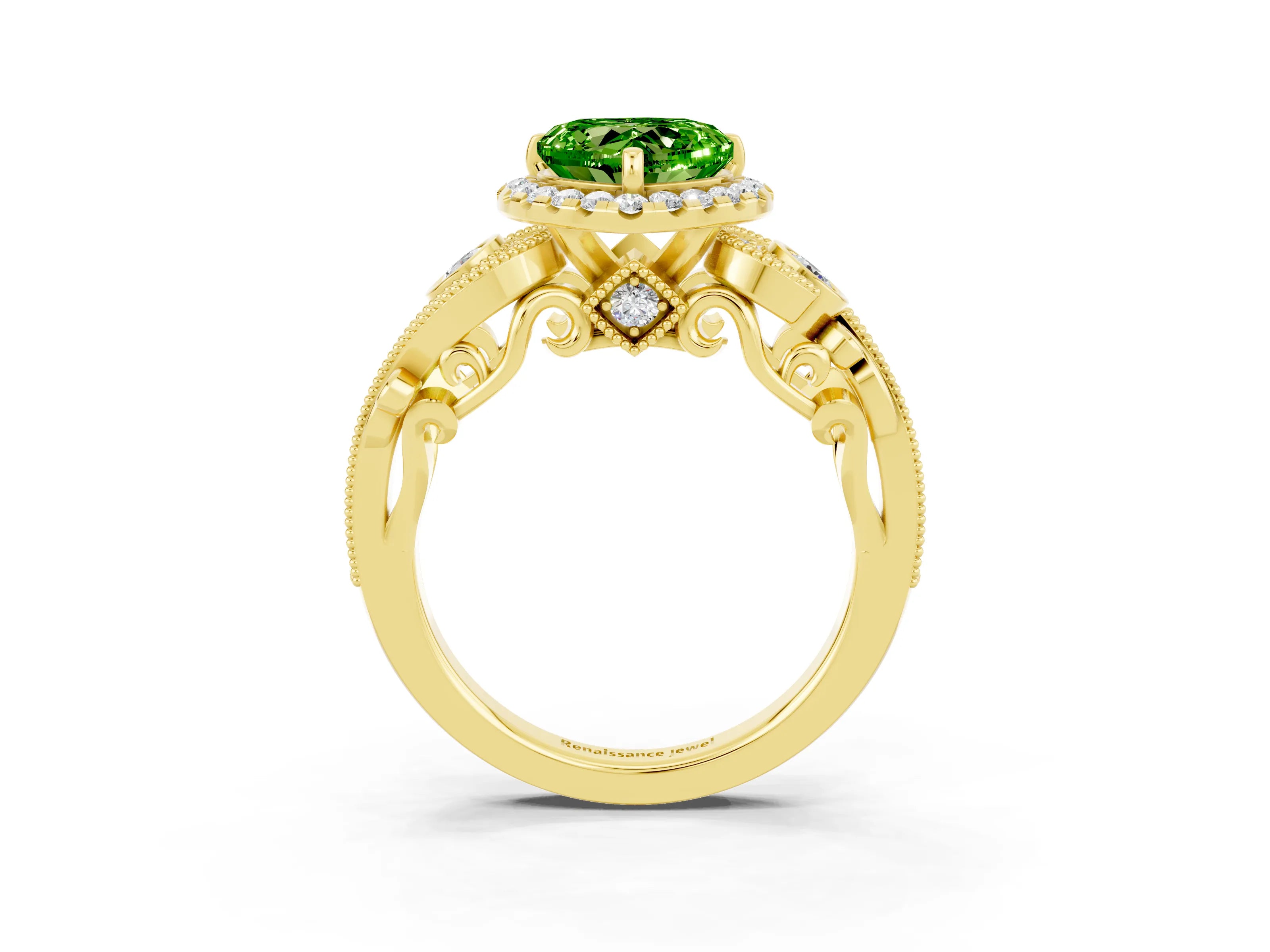Yellow gold Heart Cut Peridot Halo Ring with Milgrain Pavé Band and Four-Prong Setting_15