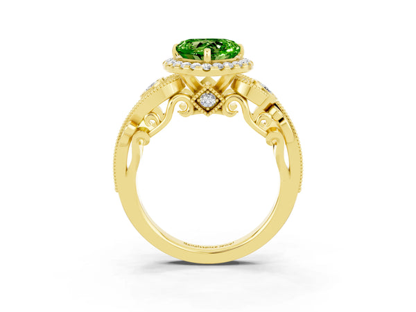 Yellow gold Heart Cut Peridot Halo Ring with Milgrain Pavé Band and Four-Prong Setting