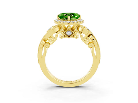 Yellow gold Heart Cut Peridot Halo Ring with Milgrain Pavé Band and Four-Prong Setting_15